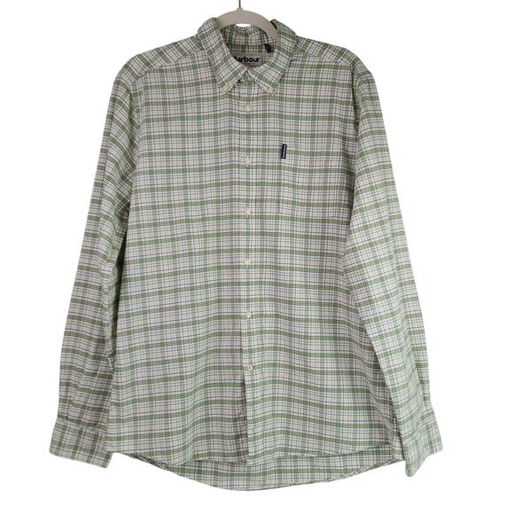 Barbour SZ M Tattersall 19 Tailored Fit White Green Check Button-Down Shirt - Picture 2 of 5